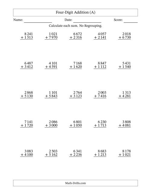 The Four-Digit Addition With No Regrouping – 25 Questions – Space Separated Thousands (A) Math Worksheet