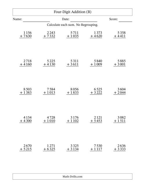 The Four-Digit Addition With No Regrouping – 25 Questions – Space Separated Thousands (B) Math Worksheet