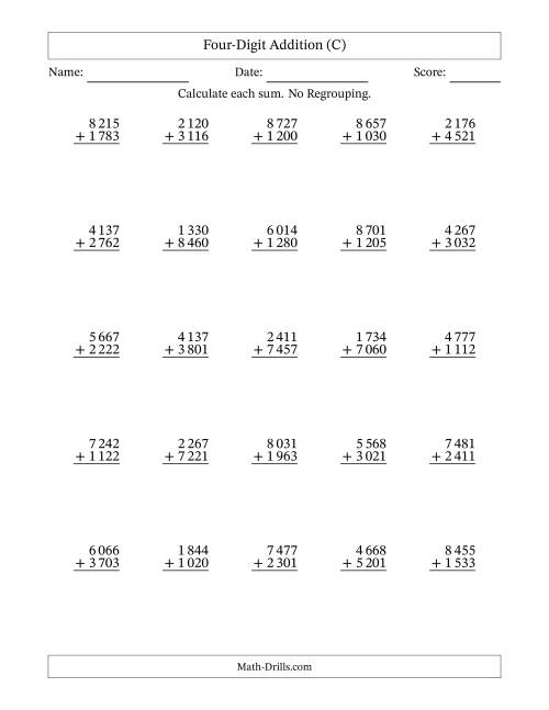 The Four-Digit Addition With No Regrouping – 25 Questions – Space Separated Thousands (C) Math Worksheet