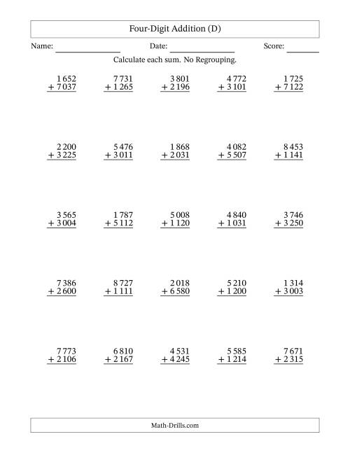 The Four-Digit Addition With No Regrouping – 25 Questions – Space Separated Thousands (D) Math Worksheet