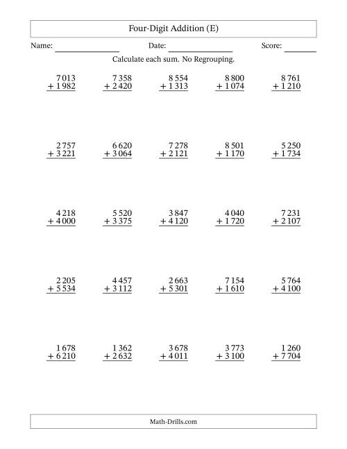 The Four-Digit Addition With No Regrouping – 25 Questions – Space Separated Thousands (E) Math Worksheet