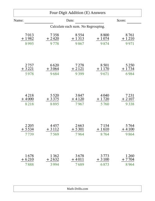 The Four-Digit Addition With No Regrouping – 25 Questions – Space Separated Thousands (E) Math Worksheet Page 2