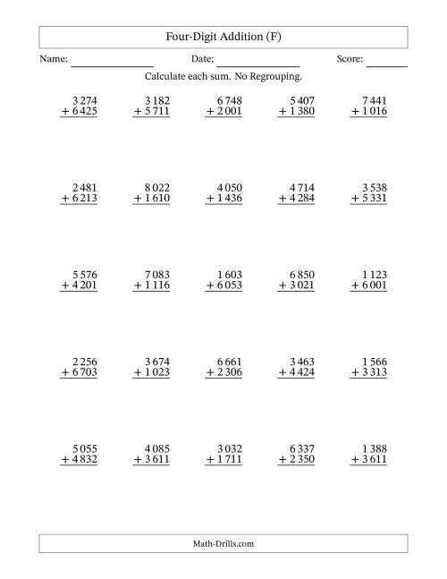 The Four-Digit Addition With No Regrouping – 25 Questions – Space Separated Thousands (F) Math Worksheet