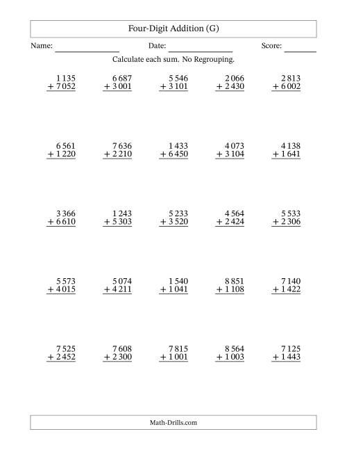 The Four-Digit Addition With No Regrouping – 25 Questions – Space Separated Thousands (G) Math Worksheet