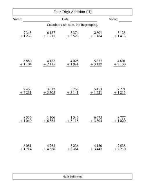 4 digit plus 4 digit addition with no regrouping and space separated