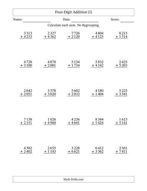 The Four-Digit Addition With No Regrouping – 25 Questions – Space Separated Thousands (I) Math Worksheet