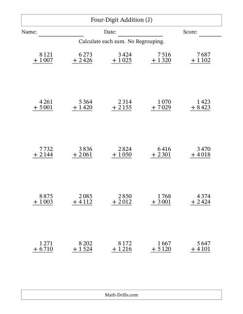 The Four-Digit Addition With No Regrouping – 25 Questions – Space Separated Thousands (J) Math Worksheet