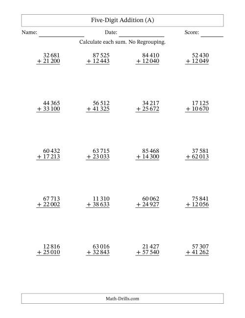 The Five-Digit Addition With No Regrouping – 20 Questions – Space Separated Thousands (A) Math Worksheet