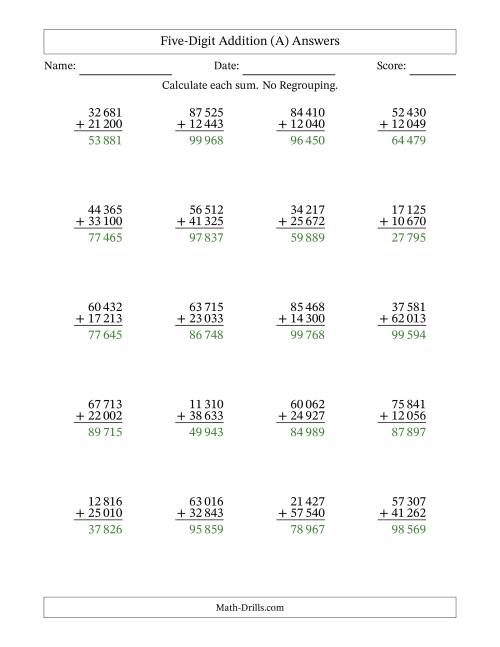 The 5-Digit Plus 5-Digit Addition with NO Regrouping and Space-Separated Thousands (A) Math Worksheet Page 2
