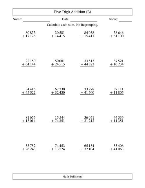 The Five-Digit Addition With No Regrouping – 20 Questions – Space Separated Thousands (B) Math Worksheet