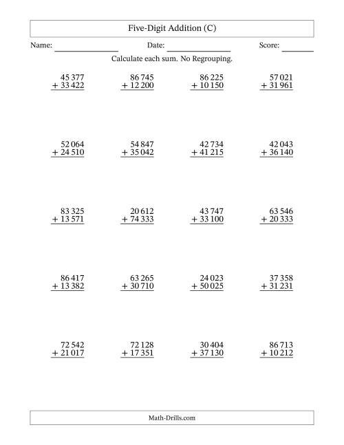 The Five-Digit Addition With No Regrouping – 20 Questions – Space Separated Thousands (C) Math Worksheet