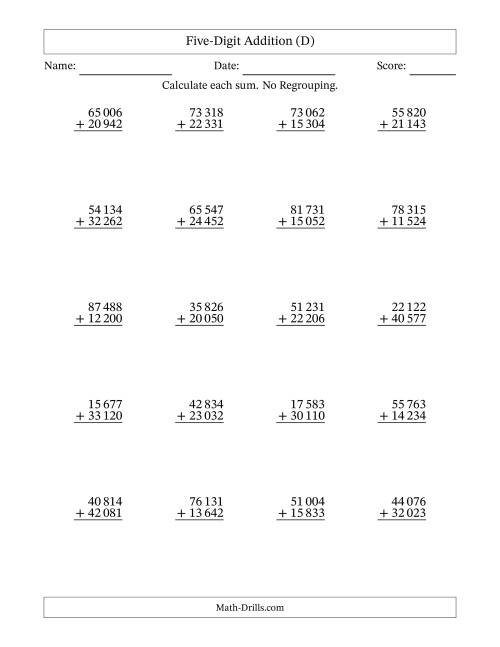 The Five-Digit Addition With No Regrouping – 20 Questions – Space Separated Thousands (D) Math Worksheet