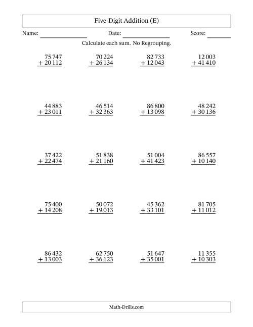The Five-Digit Addition With No Regrouping – 20 Questions – Space Separated Thousands (E) Math Worksheet