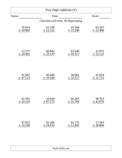 The Five-Digit Addition With No Regrouping – 20 Questions – Space Separated Thousands (F) Math Worksheet