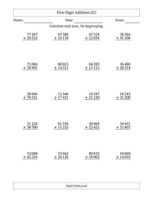 The Five-Digit Addition With No Regrouping – 20 Questions – Space Separated Thousands (G) Math Worksheet