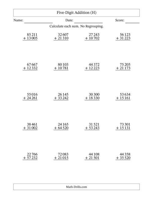 The Five-Digit Addition With No Regrouping – 20 Questions – Space Separated Thousands (H) Math Worksheet
