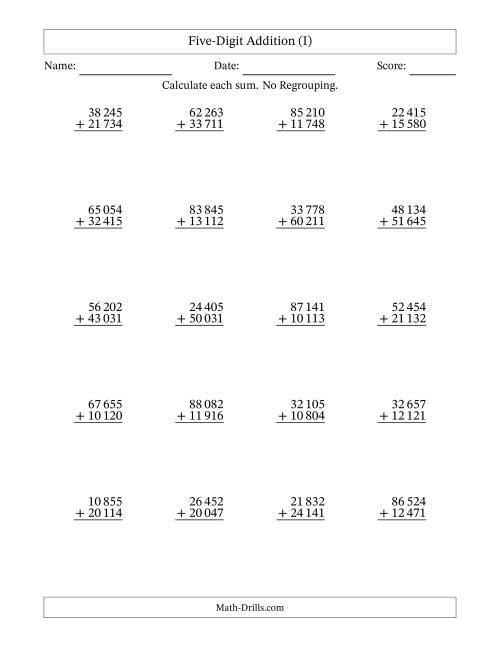 The Five-Digit Addition With No Regrouping – 20 Questions – Space Separated Thousands (I) Math Worksheet