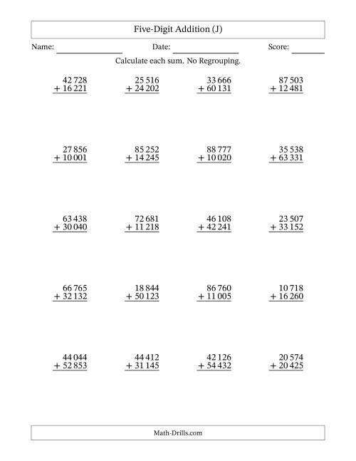 The Five-Digit Addition With No Regrouping – 20 Questions – Space Separated Thousands (J) Math Worksheet
