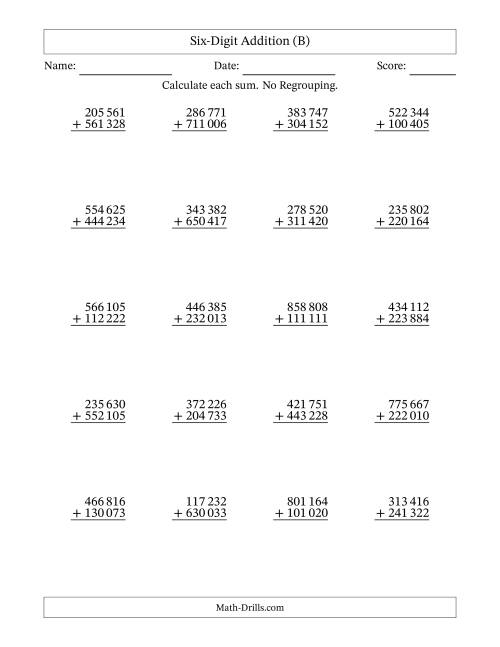 The 6-Digit Plus 6-Digit Addition with NO Regrouping and Space-Separated Thousands (B) Math Worksheet
