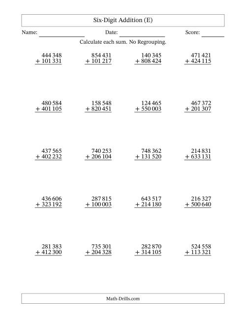 The 6-Digit Plus 6-Digit Addition with NO Regrouping and Space-Separated Thousands (E) Math Worksheet