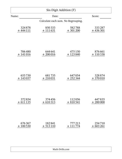 The 6-Digit Plus 6-Digit Addition with NO Regrouping and Space-Separated Thousands (F) Math Worksheet