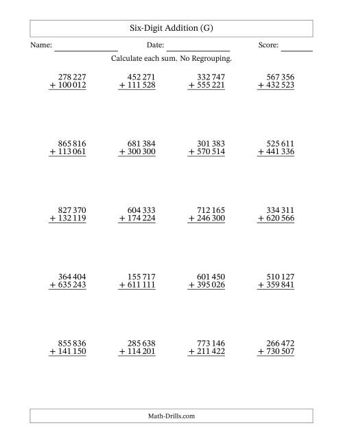 The 6-Digit Plus 6-Digit Addition with NO Regrouping and Space-Separated Thousands (G) Math Worksheet