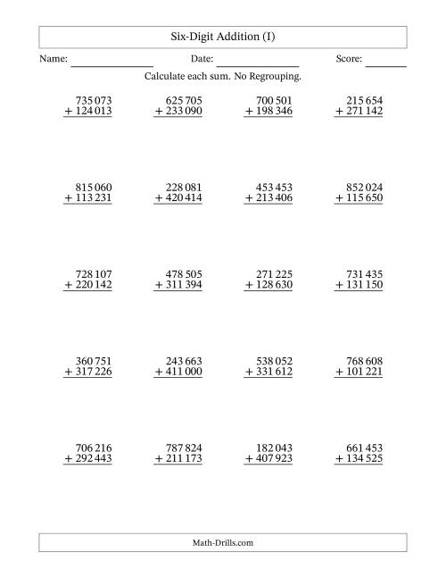 The 6-Digit Plus 6-Digit Addition with NO Regrouping and Space-Separated Thousands (I) Math Worksheet