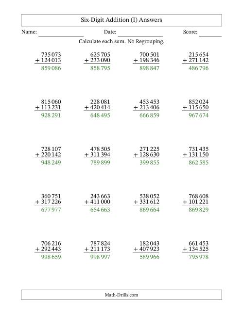 The 6-Digit Plus 6-Digit Addition with NO Regrouping and Space-Separated Thousands (I) Math Worksheet Page 2