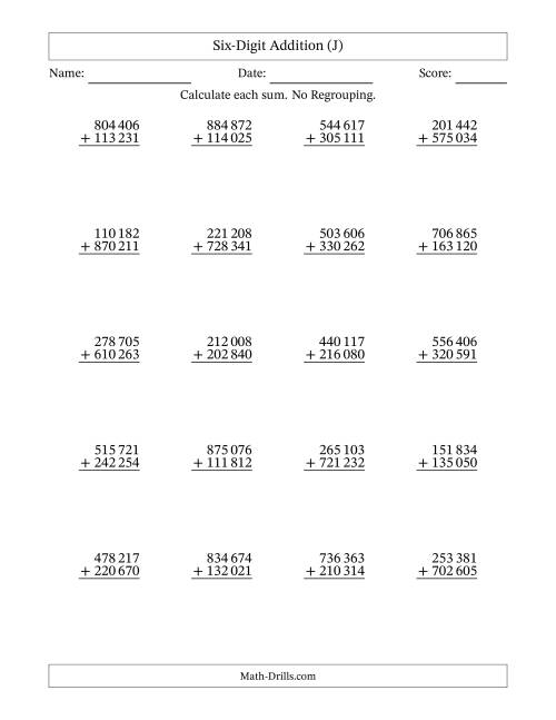 The 6-Digit Plus 6-Digit Addition with NO Regrouping and Space-Separated Thousands (J) Math Worksheet