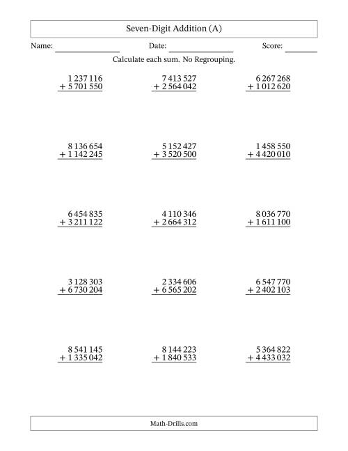 The Seven-Digit Addition With No Regrouping – 15 Questions – Space Separated Thousands (A) Math Worksheet