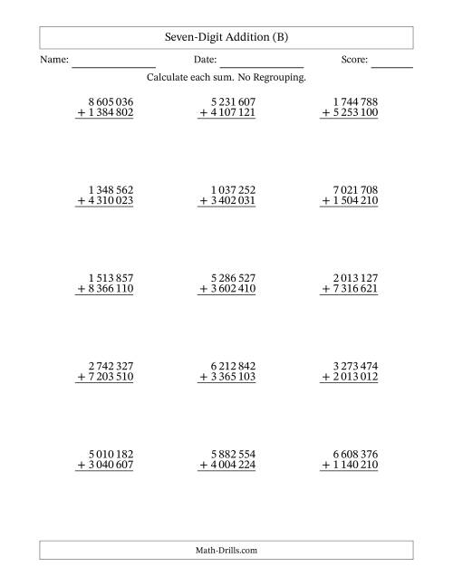The 7-Digit Plus 7-Digit Addition with NO Regrouping and Space-Separated Thousands (B) Math Worksheet