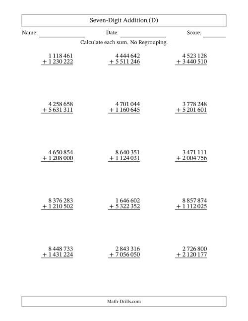 The Seven-Digit Addition With No Regrouping – 15 Questions – Space Separated Thousands (D) Math Worksheet