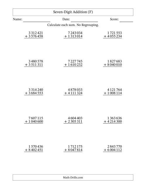 The Seven-Digit Addition With No Regrouping – 15 Questions – Space Separated Thousands (F) Math Worksheet