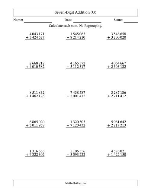 The Seven-Digit Addition With No Regrouping – 15 Questions – Space Separated Thousands (G) Math Worksheet