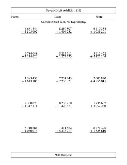 The Seven-Digit Addition With No Regrouping – 15 Questions – Space Separated Thousands (H) Math Worksheet
