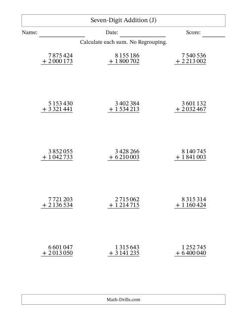 The Seven-Digit Addition With No Regrouping – 15 Questions – Space Separated Thousands (J) Math Worksheet