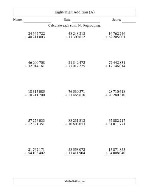 The 8-Digit Plus 8-Digit Addition with NO Regrouping and Space-Separated Thousands (A) Math Worksheet