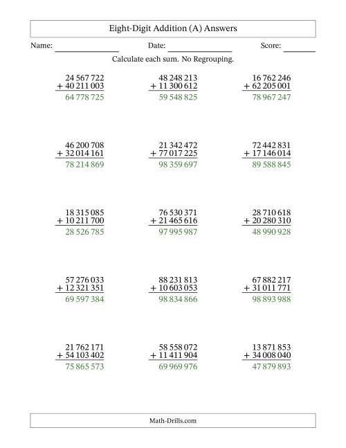 The 8-Digit Plus 8-Digit Addition with NO Regrouping and Space-Separated Thousands (A) Math Worksheet Page 2