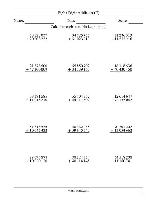 The 8-Digit Plus 8-Digit Addition with NO Regrouping and Space-Separated Thousands (E) Math Worksheet