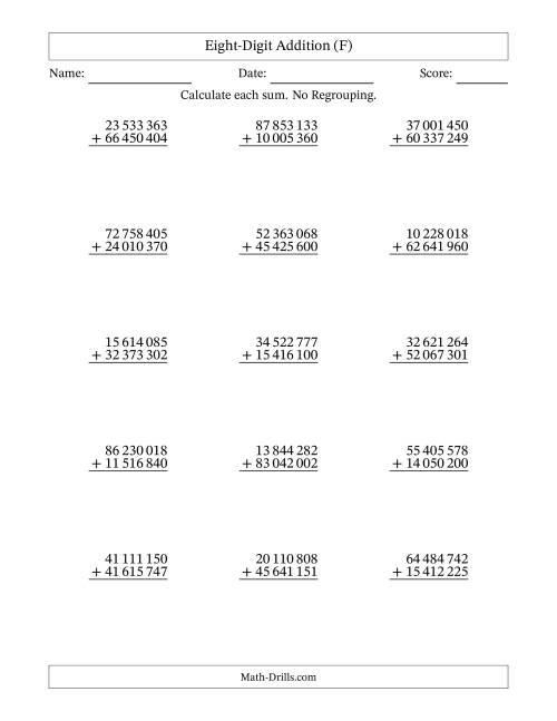 The 8-Digit Plus 8-Digit Addition with NO Regrouping and Space-Separated Thousands (F) Math Worksheet