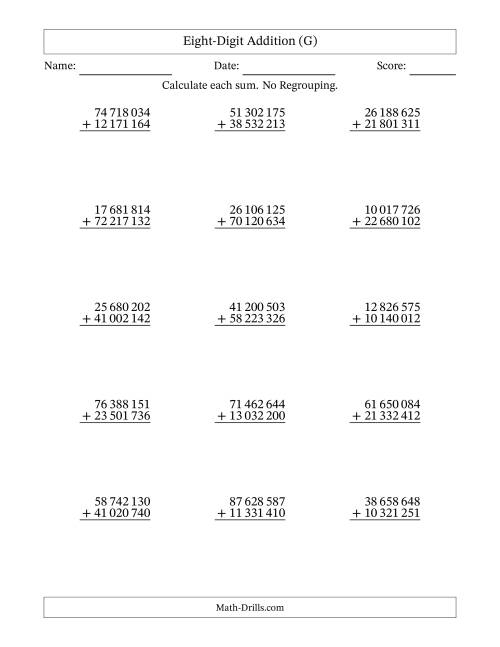 The 8-Digit Plus 8-Digit Addition with NO Regrouping and Space-Separated Thousands (G) Math Worksheet