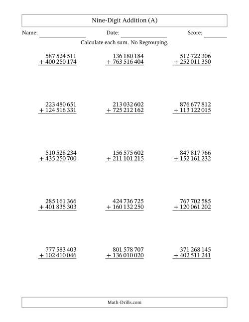 The Nine-Digit Addition With No Regrouping – 15 Questions – Space Separated Thousands (A) Math Worksheet
