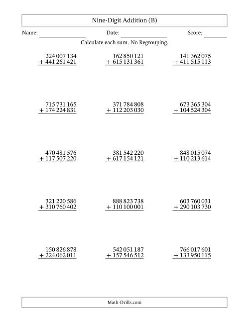 The Nine-Digit Addition With No Regrouping – 15 Questions – Space Separated Thousands (B) Math Worksheet