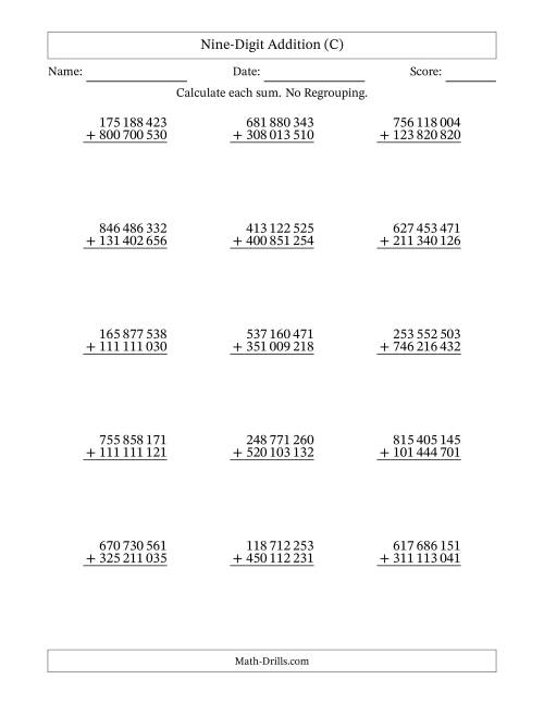 The Nine-Digit Addition With No Regrouping – 15 Questions – Space Separated Thousands (C) Math Worksheet