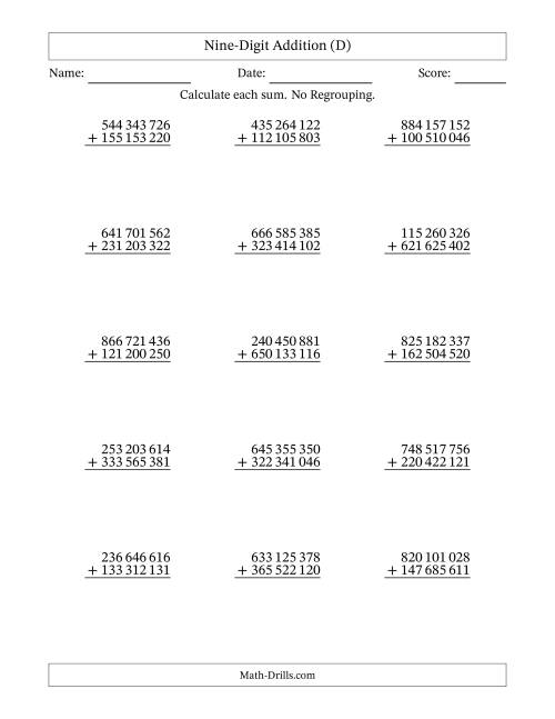 The Nine-Digit Addition With No Regrouping – 15 Questions – Space Separated Thousands (D) Math Worksheet