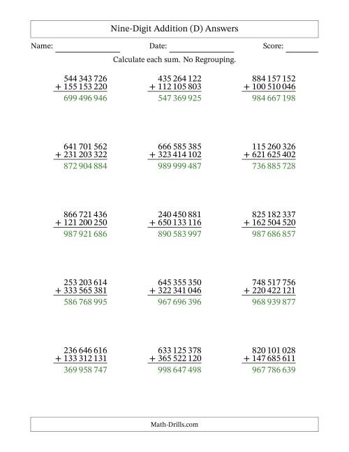 The Nine-Digit Addition With No Regrouping – 15 Questions – Space Separated Thousands (D) Math Worksheet Page 2
