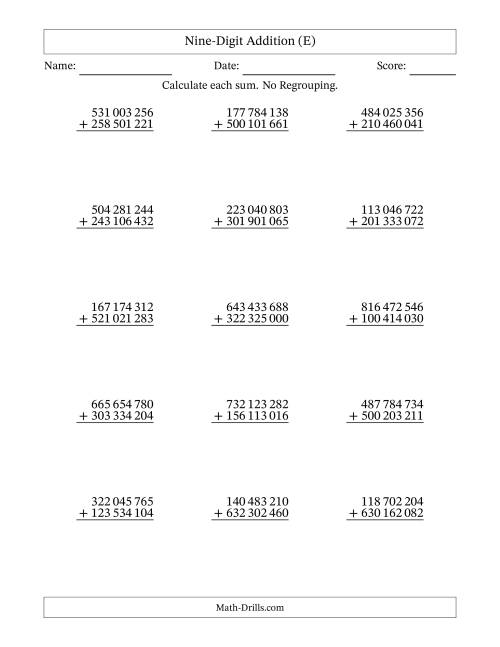 The Nine-Digit Addition With No Regrouping – 15 Questions – Space Separated Thousands (E) Math Worksheet