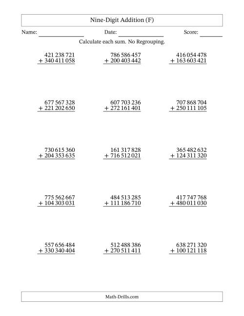The Nine-Digit Addition With No Regrouping – 15 Questions – Space Separated Thousands (F) Math Worksheet