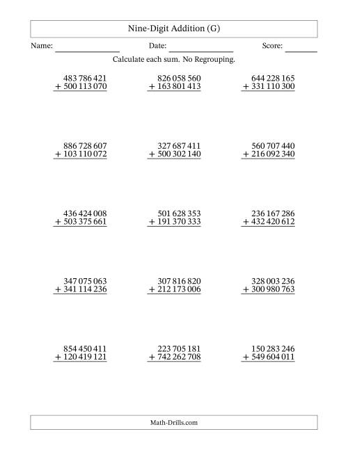The Nine-Digit Addition With No Regrouping – 15 Questions – Space Separated Thousands (G) Math Worksheet