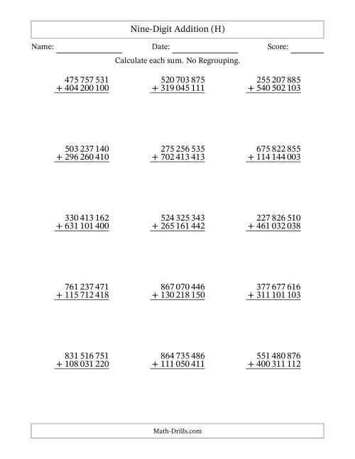 The Nine-Digit Addition With No Regrouping – 15 Questions – Space Separated Thousands (H) Math Worksheet